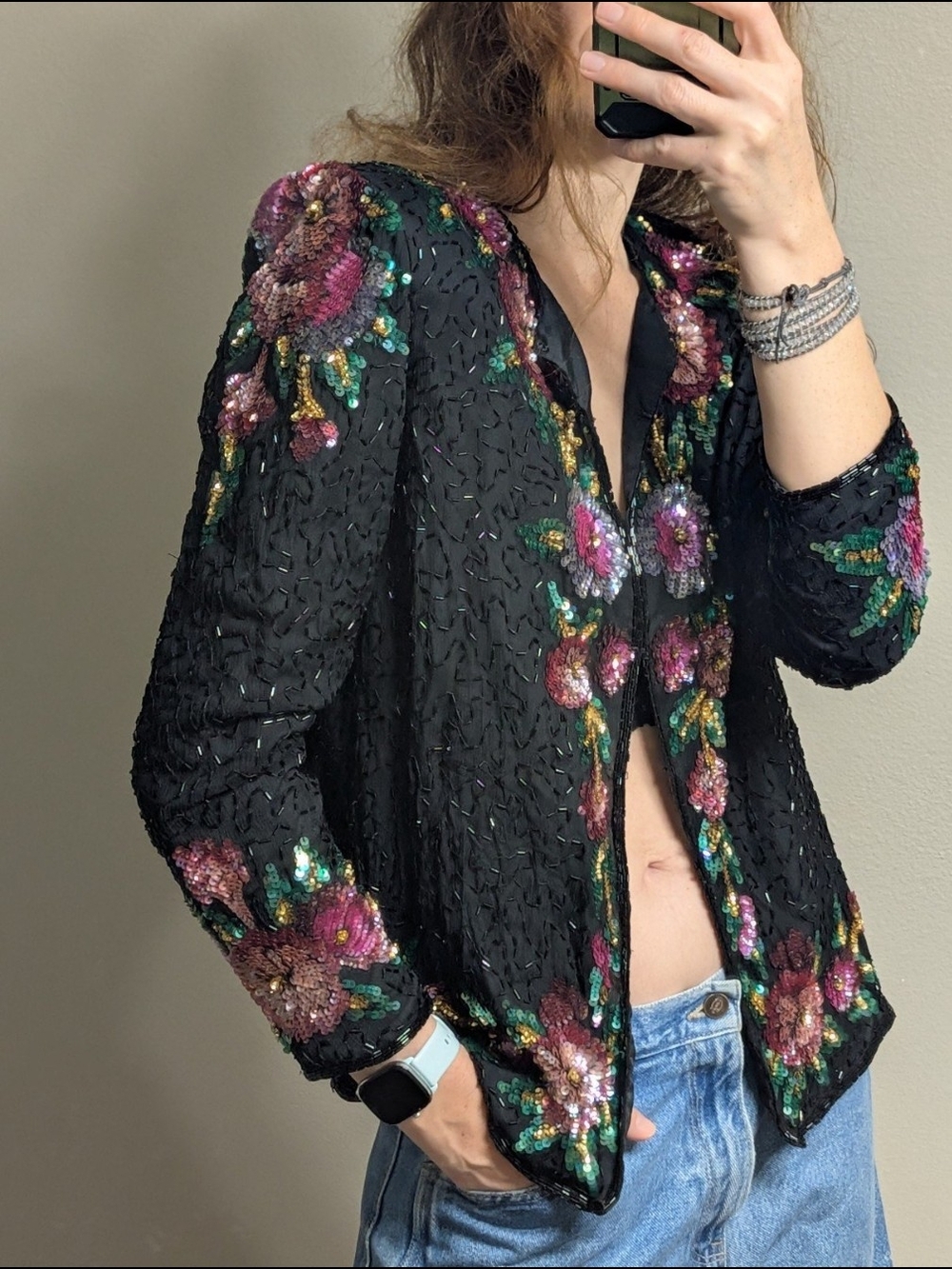 Laurence Kazar Black Beaded Floral Button-Down Jacket